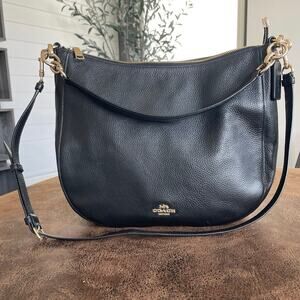 COACH PEBBLE LEATHER ELLE SADDLE HOBO SHOULDER BAG CROSSBODY / Black